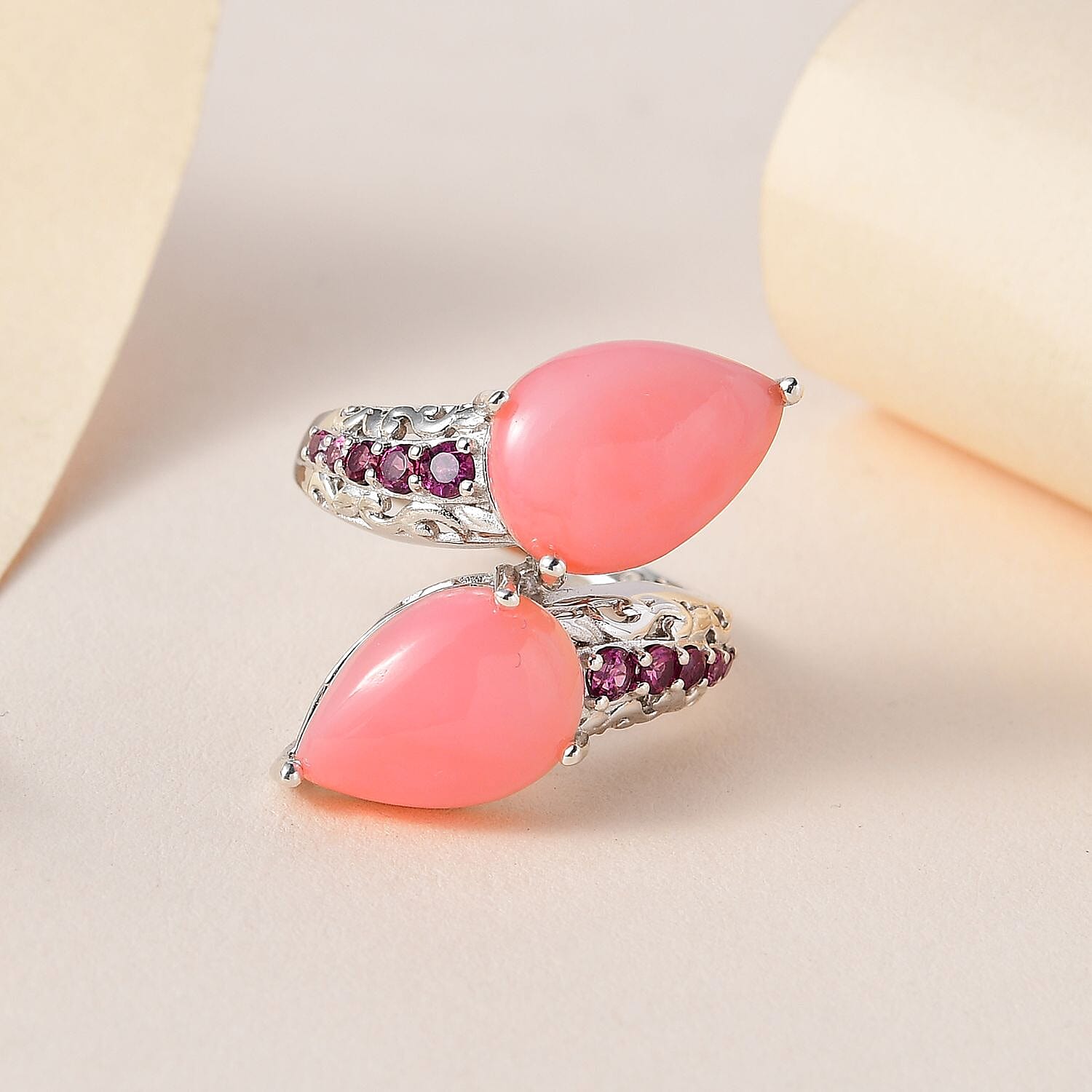 Premium Peruvian Pink Opal and Orissa Rhodolite Garnet Bypass Ring in Platinum Over Sterling Silver (Size 10.0) 9.75 ctw