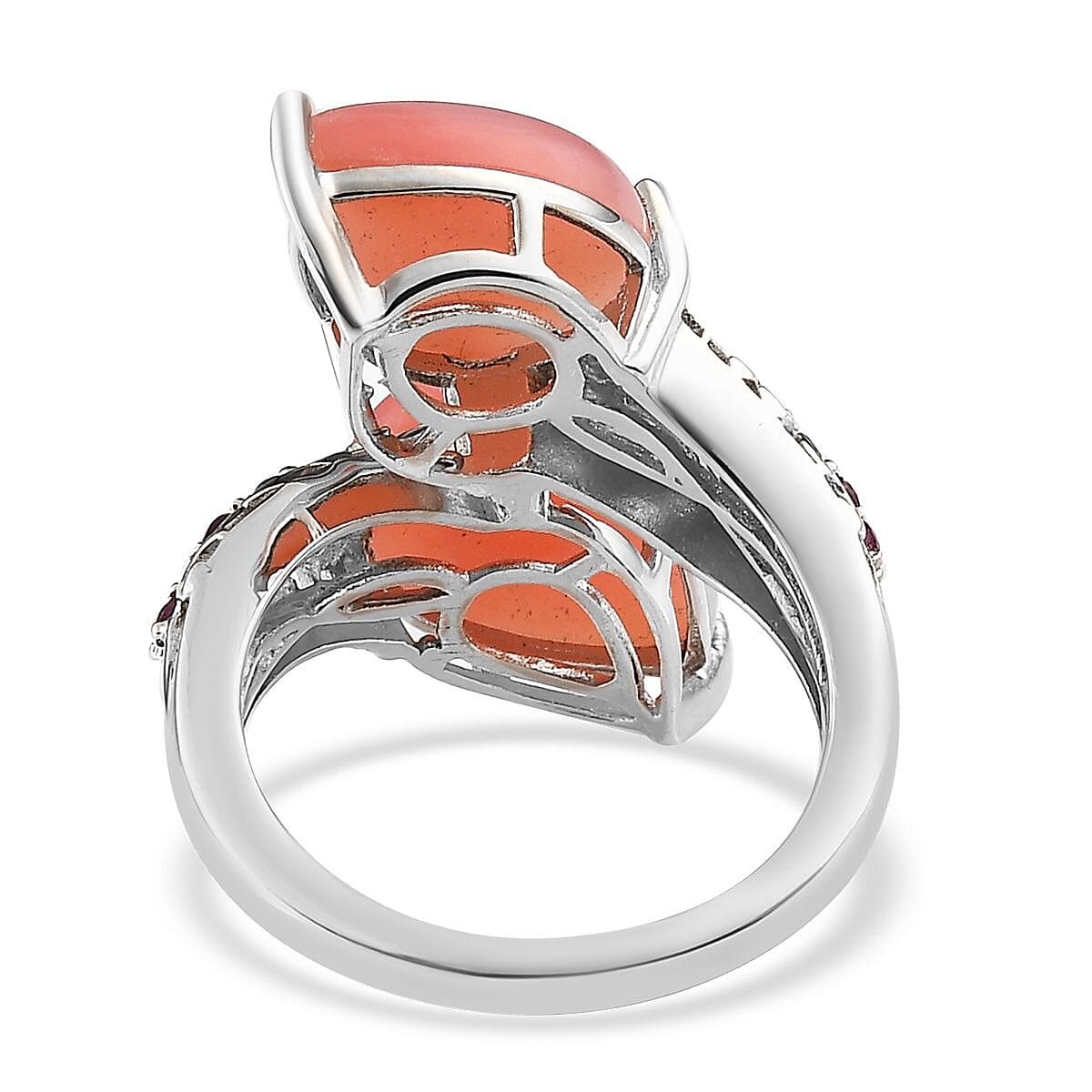 Premium Peruvian Pink Opal and Orissa Rhodolite Garnet Bypass Ring in Platinum Over Sterling Silver (Size 7.0) 9.75 ctw image number 4