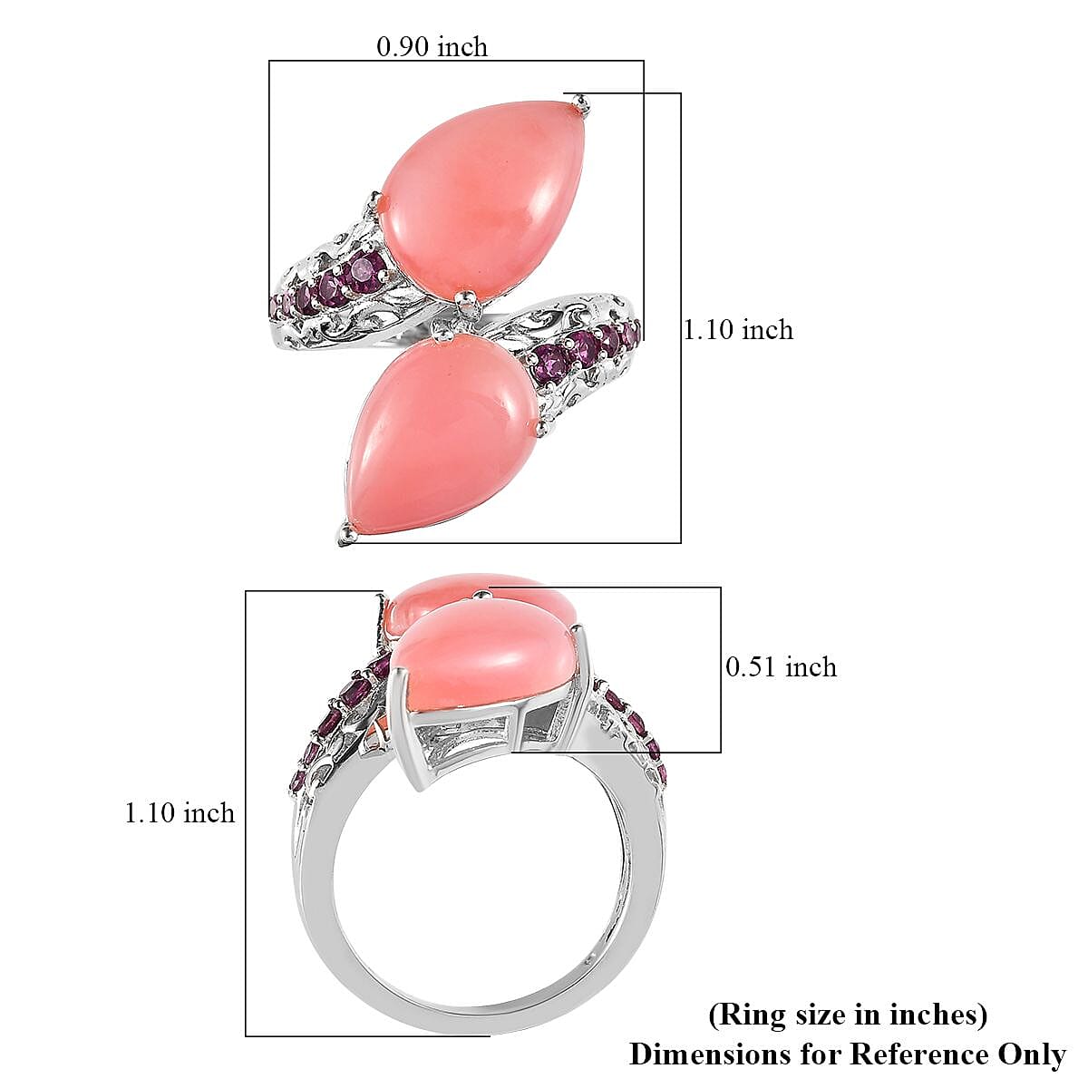 Premium Peruvian Pink Opal and Orissa Rhodolite Garnet Bypass Ring in Platinum Over Sterling Silver (Size 7.0) 9.75 ctw image number 5