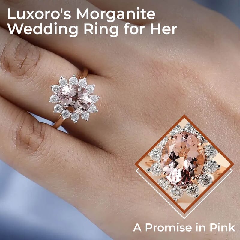 Luxoro AAA Pink Morganite 2.15 ctw Sunburst Ring, Morganite Ring, Moissanite Accent Ring, Sunburst Halo Ring, 10K Rose Gold Ring, Wedding Ring For Her (Size 10.00)