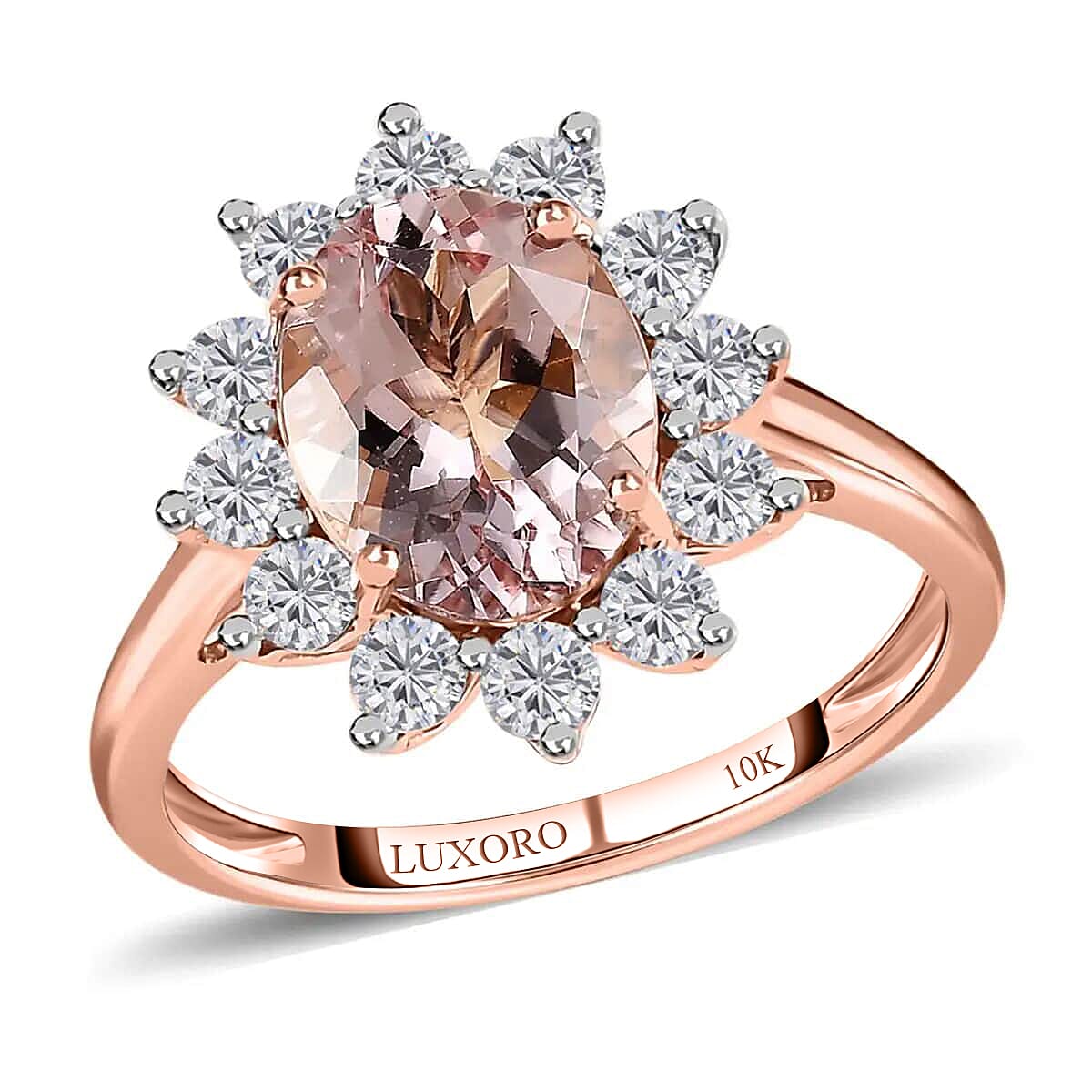 Luxoro 10K Rose Gold AAA Pink Morganite and Moissanite Sunburst Ring 2.15 ctw