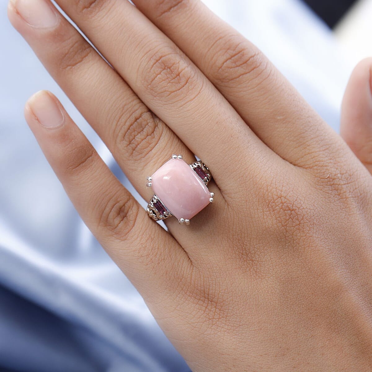 Premium Peruvian Pink Opal and Orissa Rhodolite Garnet Ring in Platinum Over Sterling Silver (Size 7.0) 9.00 ctw image number 2