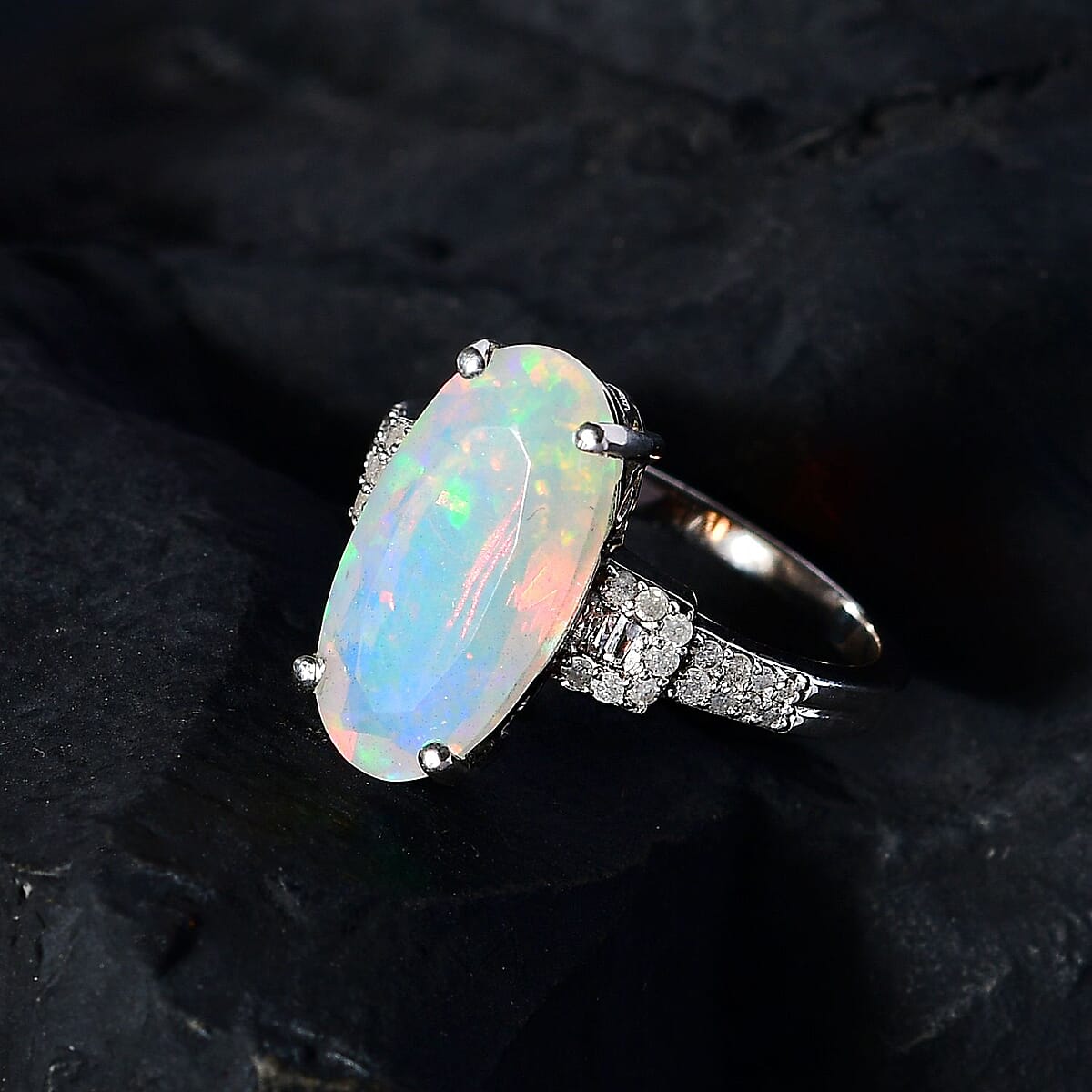 AAA Ethiopian Welo Opal, Diamond (0.28 cts) Ring in Platinum Over Sterling Silver (Size 10.0) 3.00 ctw image number 1