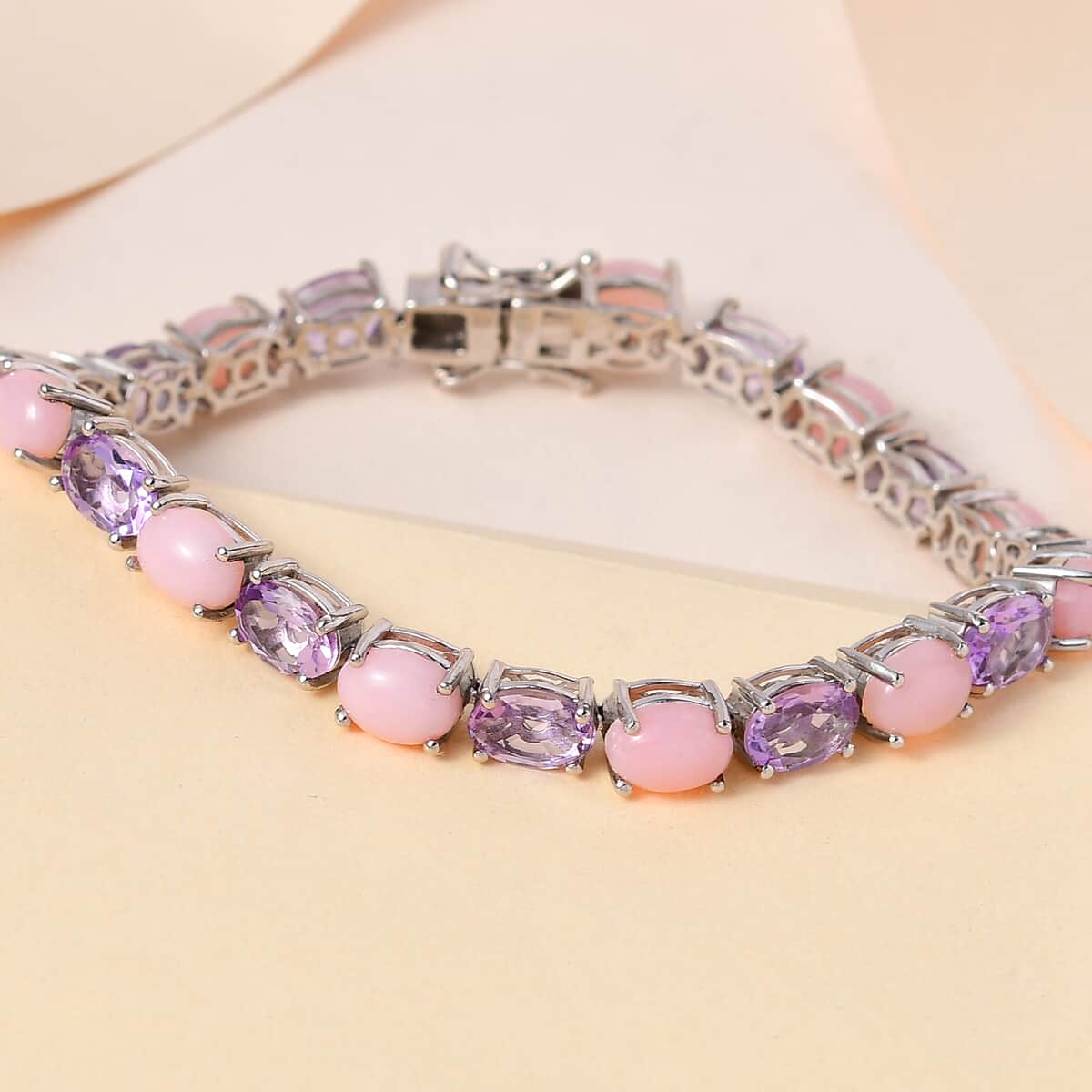 Premium Peruvian Pink Opal and Rose De France Amethyst Tennis Bracelet in Platinum Over Sterling Silver (8.00 In) 19.30 ctw image number 1