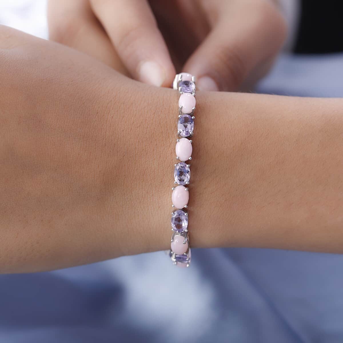 Premium Peruvian Pink Opal and Rose De France Amethyst Tennis Bracelet in Platinum Over Sterling Silver (8.00 In) 19.30 ctw image number 2