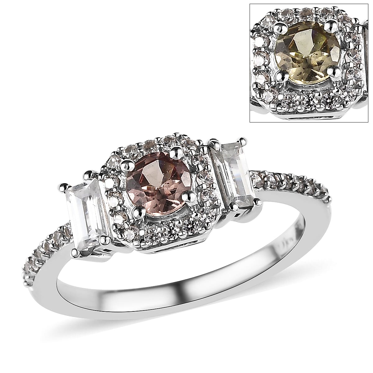 Bekily Color Change Garnet and White Zircon Ring in Platinum Over Sterling Silver (Size 10.0) 0.65 ctw