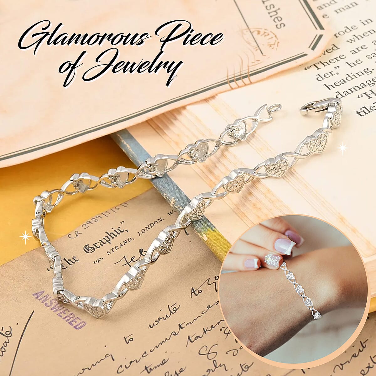 Diamond Bracelet, Heart Bracelet, Link Bracelet, Sterling Silver Bracelet, Heart Link Bracelet, Diamond Heart Bracelet (7.25 In) 0.10 ctw image number 1