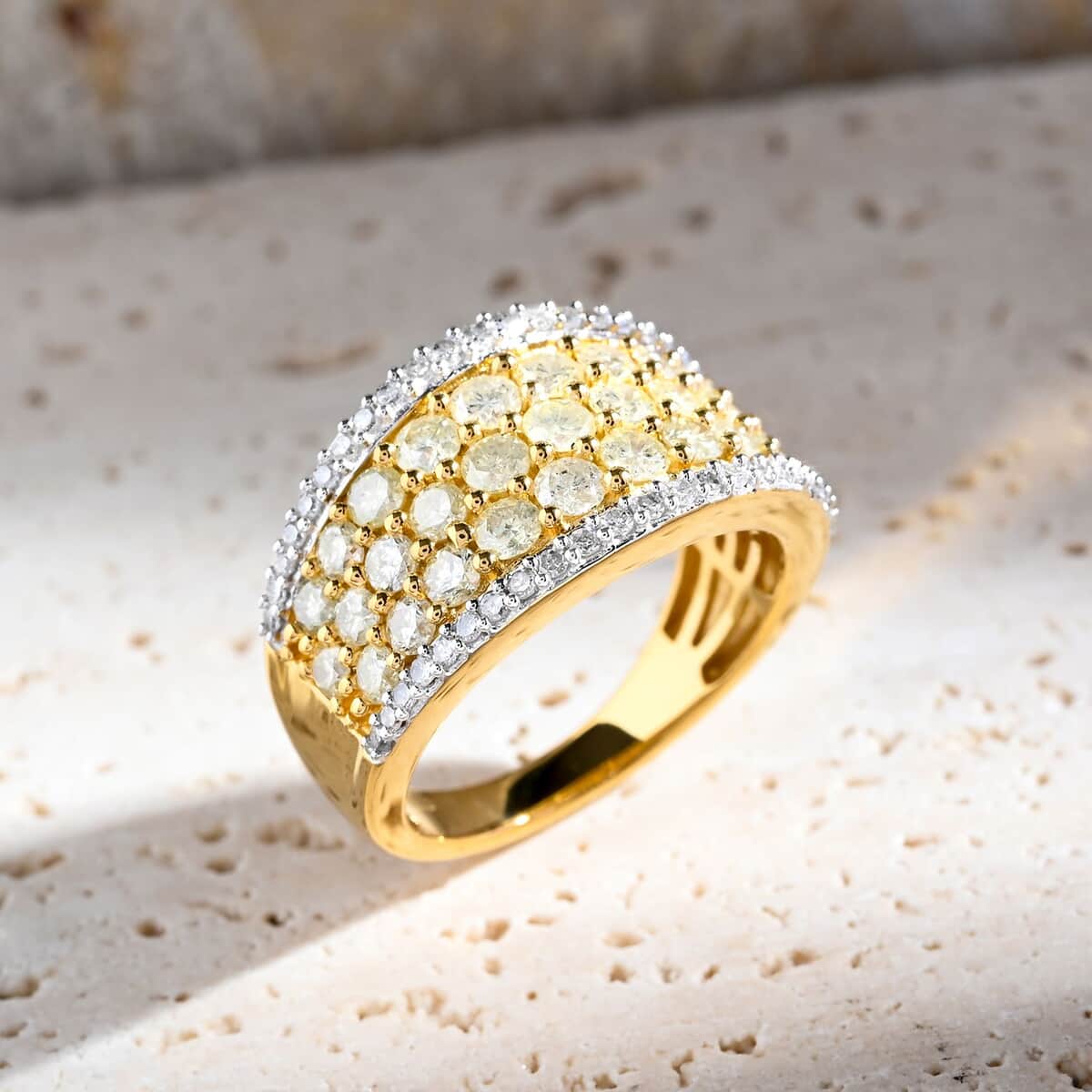 Natural Yellow and White Diamond I3 Ring in 14K Yellow Gold Over Sterling Silver (Size 10.0) 1.50 ctw image number 1