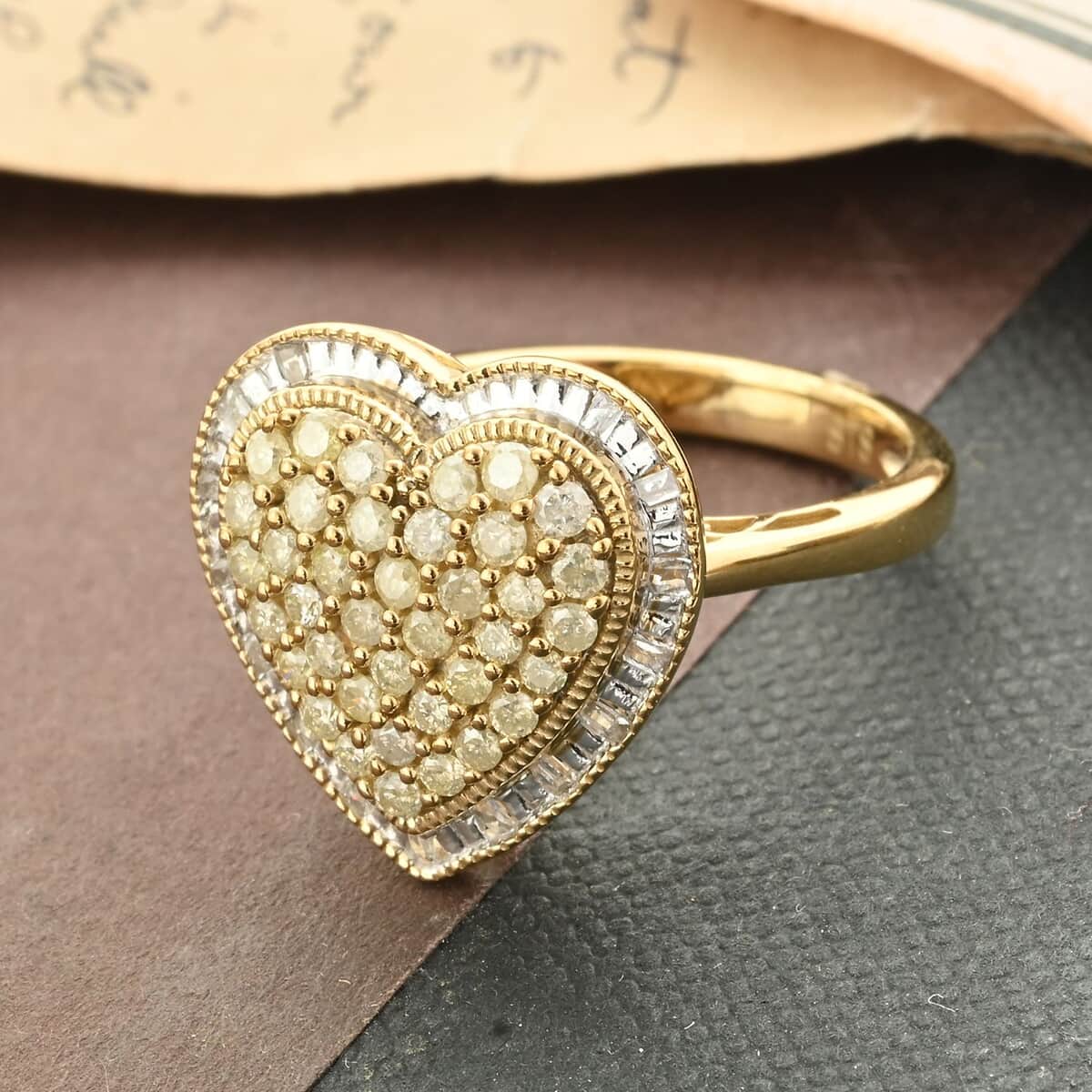 Natural Yellow and White Diamond I3 Heart Ring in 14K Yellow Gold Over Sterling Silver 0.50 ctw image number 1