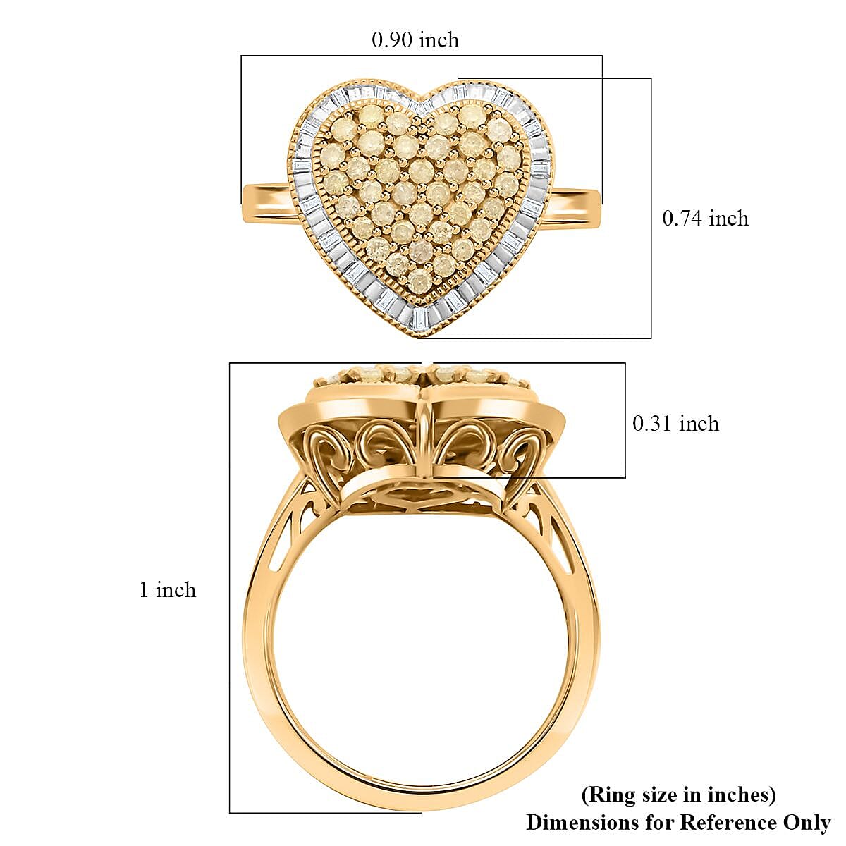 Natural Yellow and White Diamond I3 Heart Ring in 14K Yellow Gold Over Sterling Silver (Size 10.0) 0.50 ctw