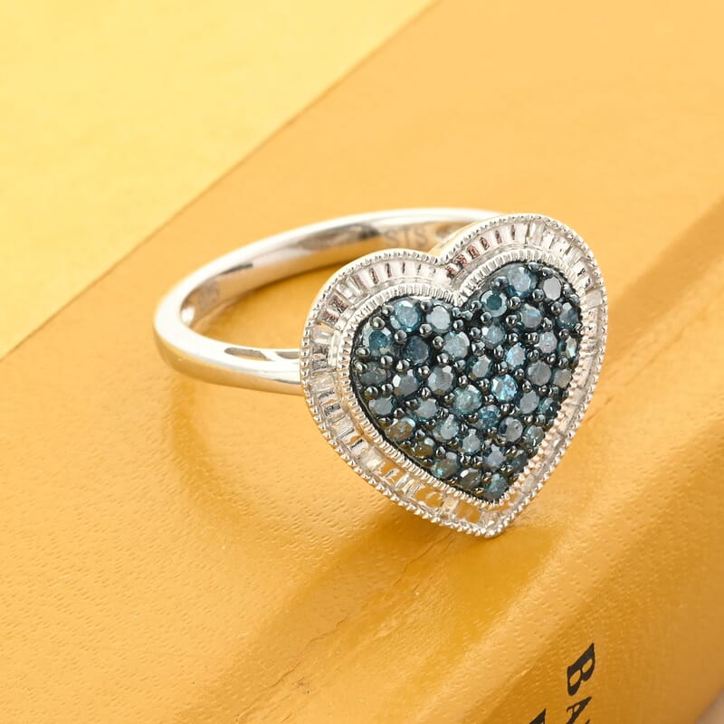Blue and White Diamond Heart Ring in Rhodium Over Sterling Silver (Size 10.0) 0.50 ctw