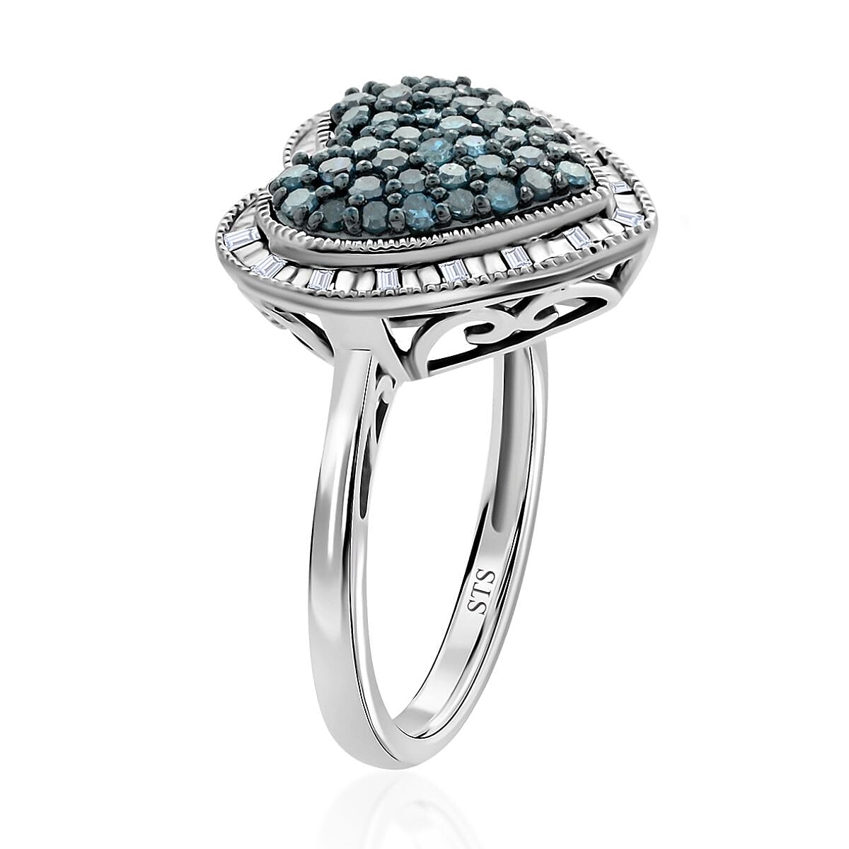 Blue and White Diamond Heart Ring in Rhodium Over Sterling Silver (Size 10.0) 0.50 ctw