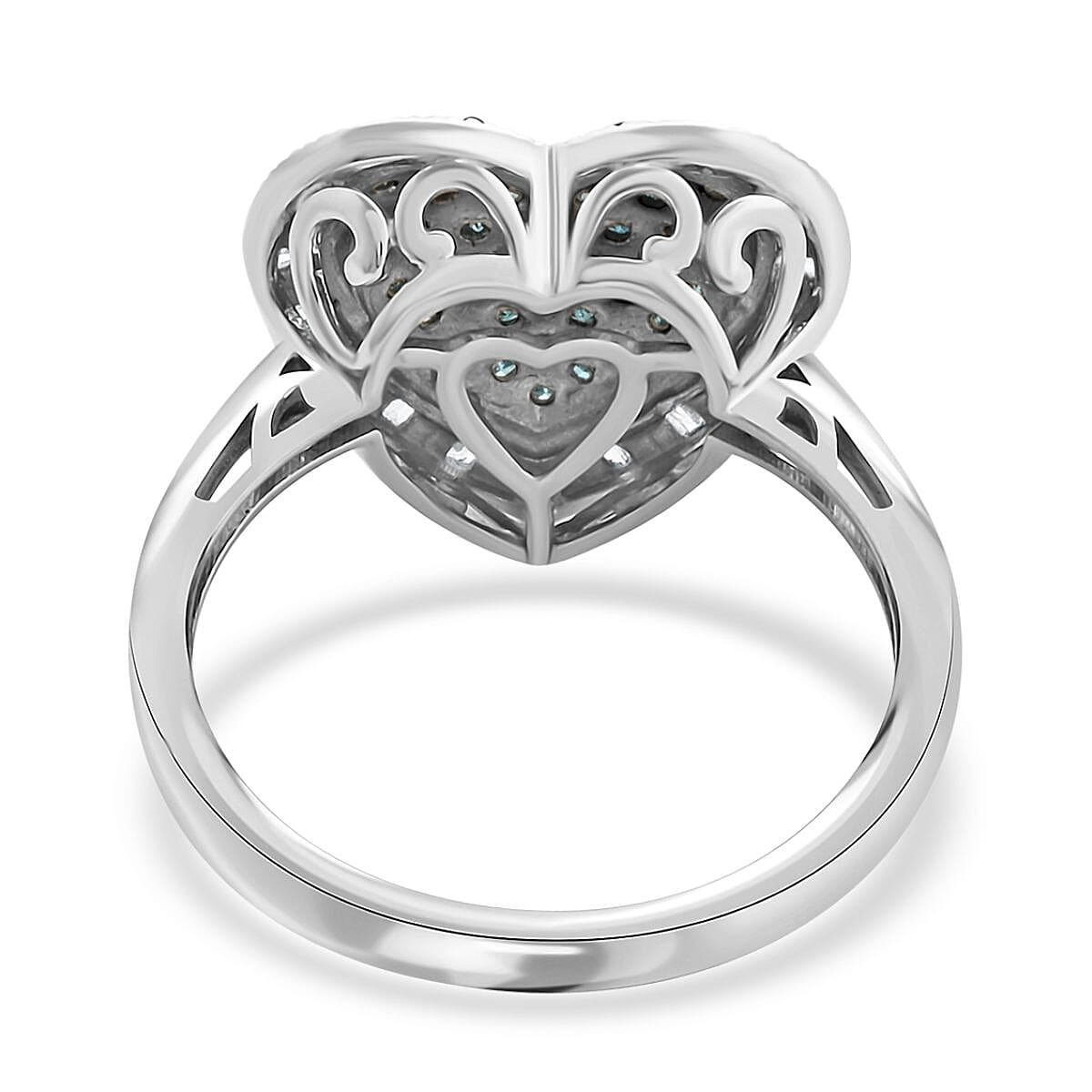 Blue and White Diamond Heart Ring in Rhodium Over Sterling Silver (Size 10.0) 0.50 ctw