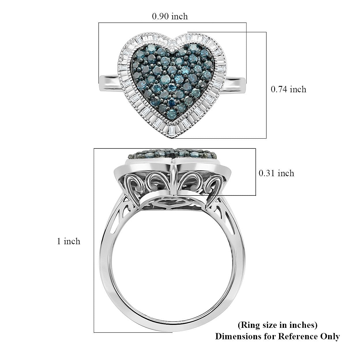 Blue and White Diamond Heart Ring in Rhodium Over Sterling Silver (Size 10.0) 0.50 ctw