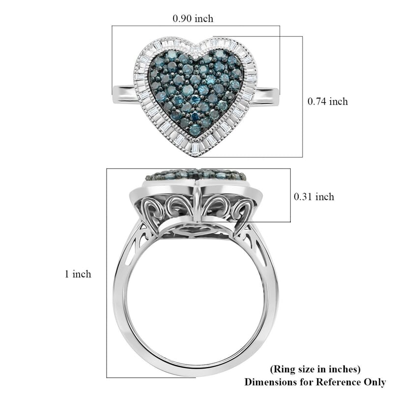 Blue and White Diamond Heart Ring in Rhodium Over Sterling Silver (Size 10.0) 0.50 ctw