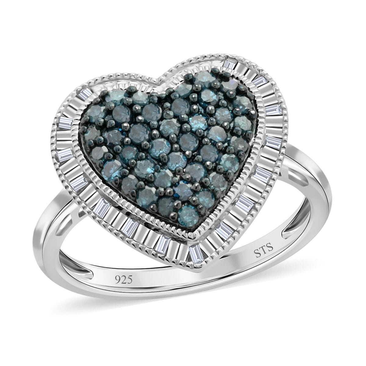 Rhodium-plated Sterling Silver Heart Ring with Blue and White Diamonds Rhodium-plated Sterling Silver Heart Ring with Blue and White Diamonds