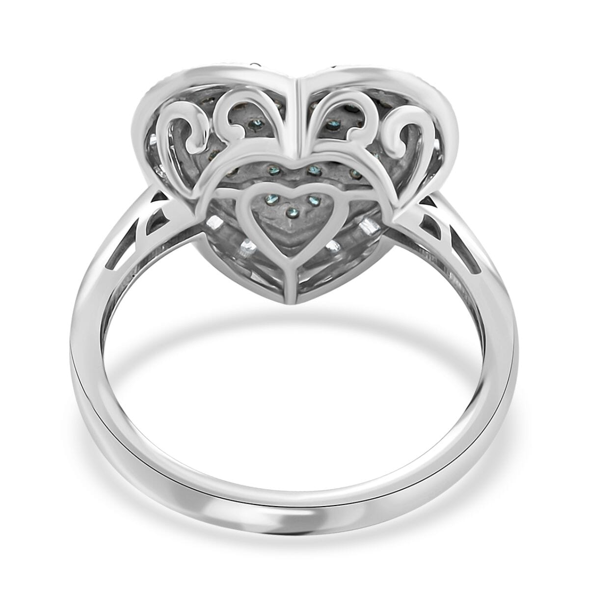 Rhodium-plated Sterling Silver Heart Ring with Blue and White Diamonds Rhodium-plated Sterling Silver Heart Ring with Blue and White Diamonds