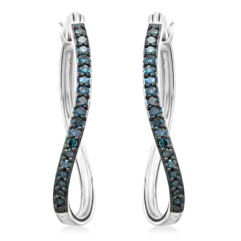 Blue Diamond Hoop Earrings in Sterling Silver 0.30 ctw