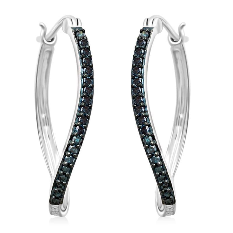 Blue Diamond Hoop Earrings in Sterling Silver 0.30 ctw