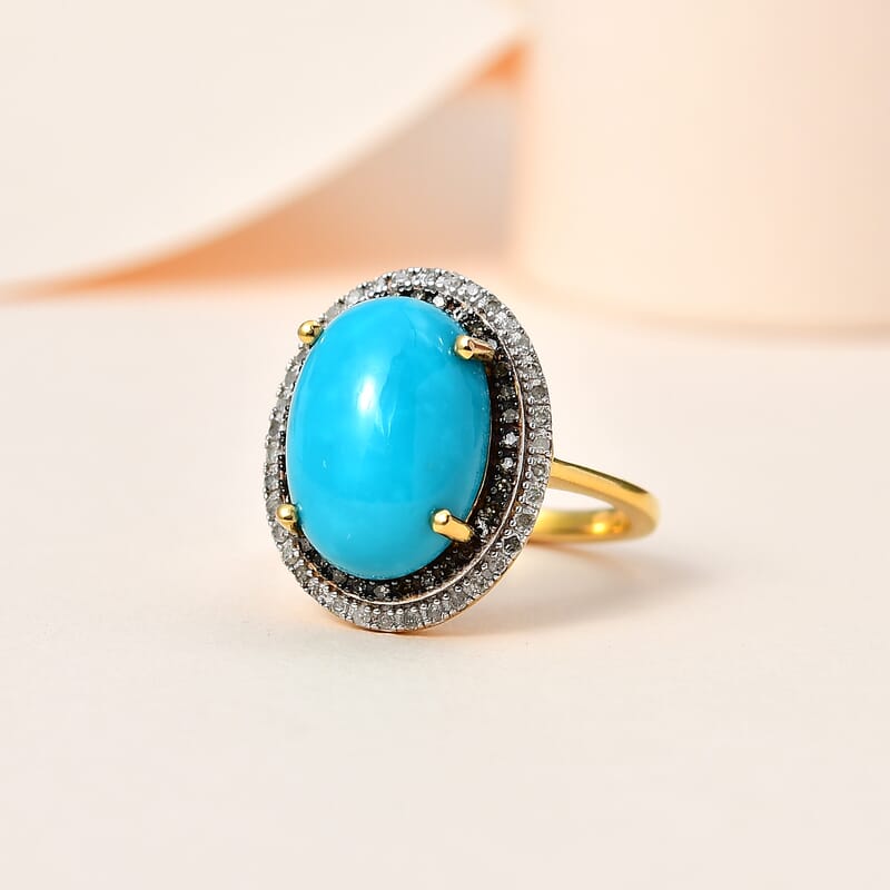 Sleeping Beauty Turquoise, Natural Champagne and White Diamond Ring in Vermeil Yellow Gold Over Sterling Silver (Size 10.0) 5.50 ctw