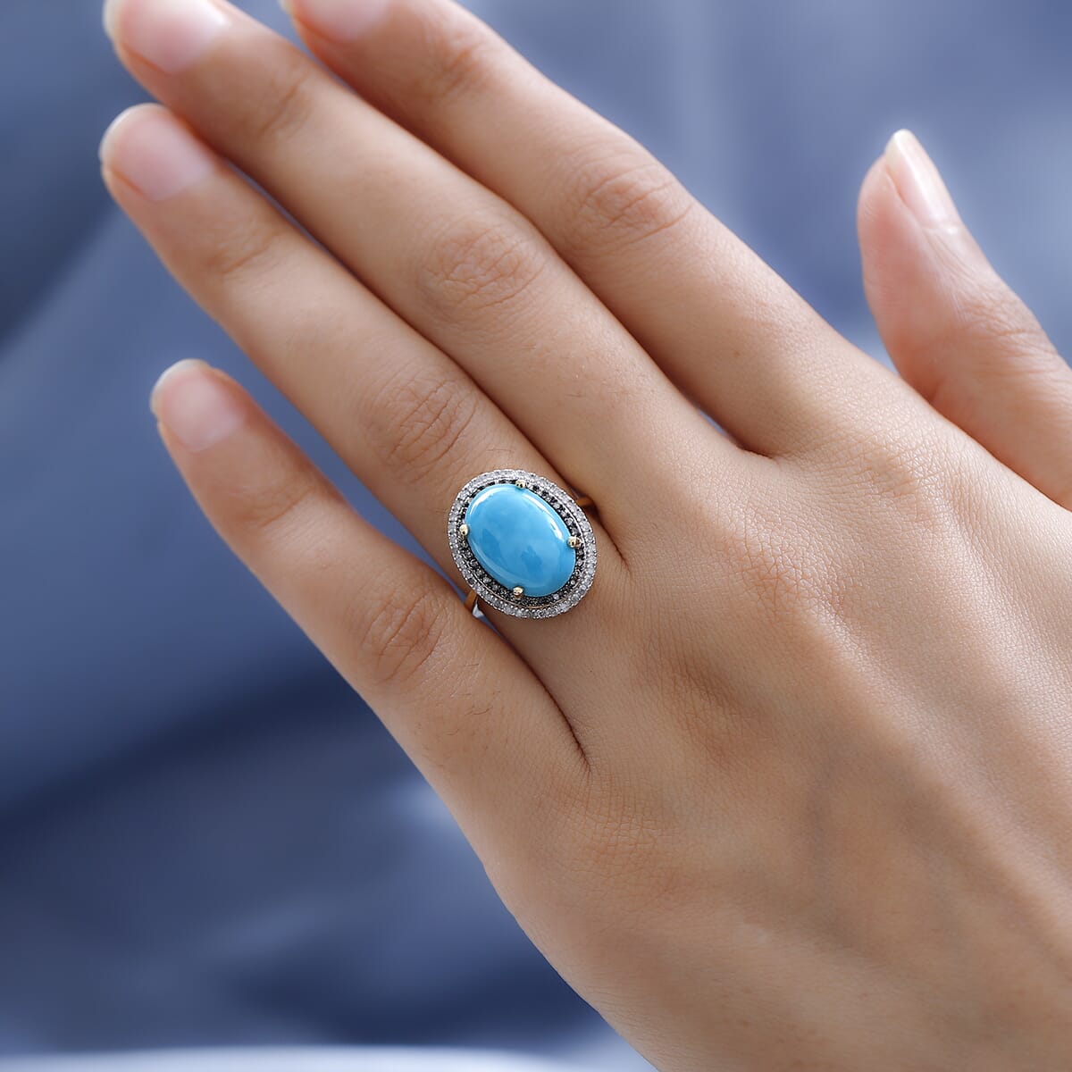 Sleeping Beauty Turquoise, Blue and White Diamond Ring in Vermeil Yellow Gold Over Sterling Silver 5.50 ctw image number 2