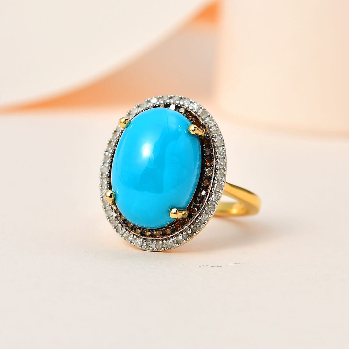 Sleeping Beauty Turquoise, Red and White Diamond Ring in Vermeil Yellow Gold Over Sterling Silver (Size 6.0) 5.60 ctw image number 1