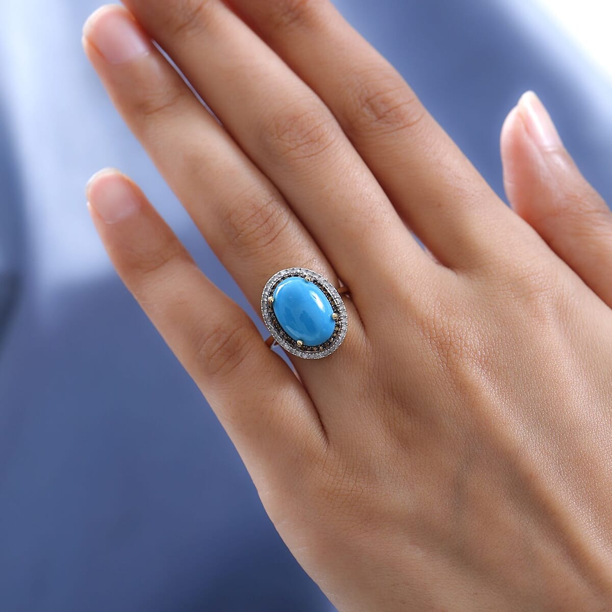 Sleeping Beauty Turquoise, Red and White Diamond Ring in Vermeil Yellow Gold Over Sterling Silver (Size 6.0) 5.60 ctw image number 2