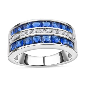 Lab Created Sapphire Ring, Simulated Diamond Ring, Sterling Silver Ring, Multi Row Band Ring 1.60 ctw