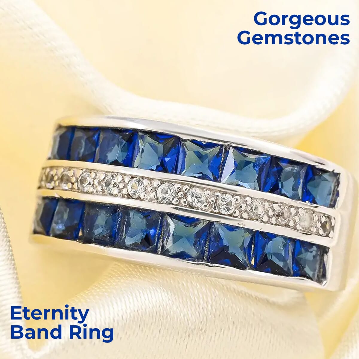 Lab Created Sapphire Ring, Simulated Diamond Ring, Sterling Silver Ring, Multi Row Band Ring 1.60 ctw image number 1