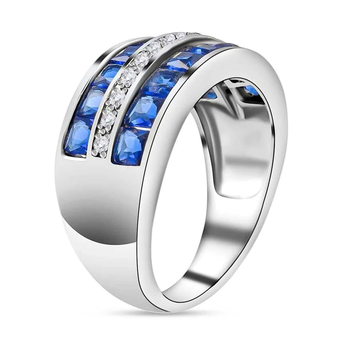 Lab Created Sapphire Ring, Simulated Diamond Ring, Sterling Silver Ring, Multi Row Band Ring 1.60 ctw image number 3