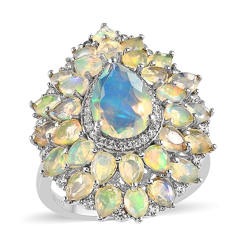 Premium Ethiopian Welo Opal and White Zircon Floral Ring in Platinum Over Sterling Silver (Size 10.0) 4.35 ctw