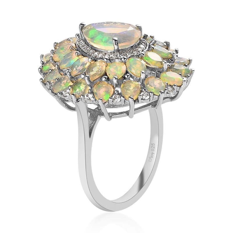 Premium Ethiopian Welo Opal and White Zircon Floral Ring in Platinum Over Sterling Silver (Size 10.0) 4.35 ctw