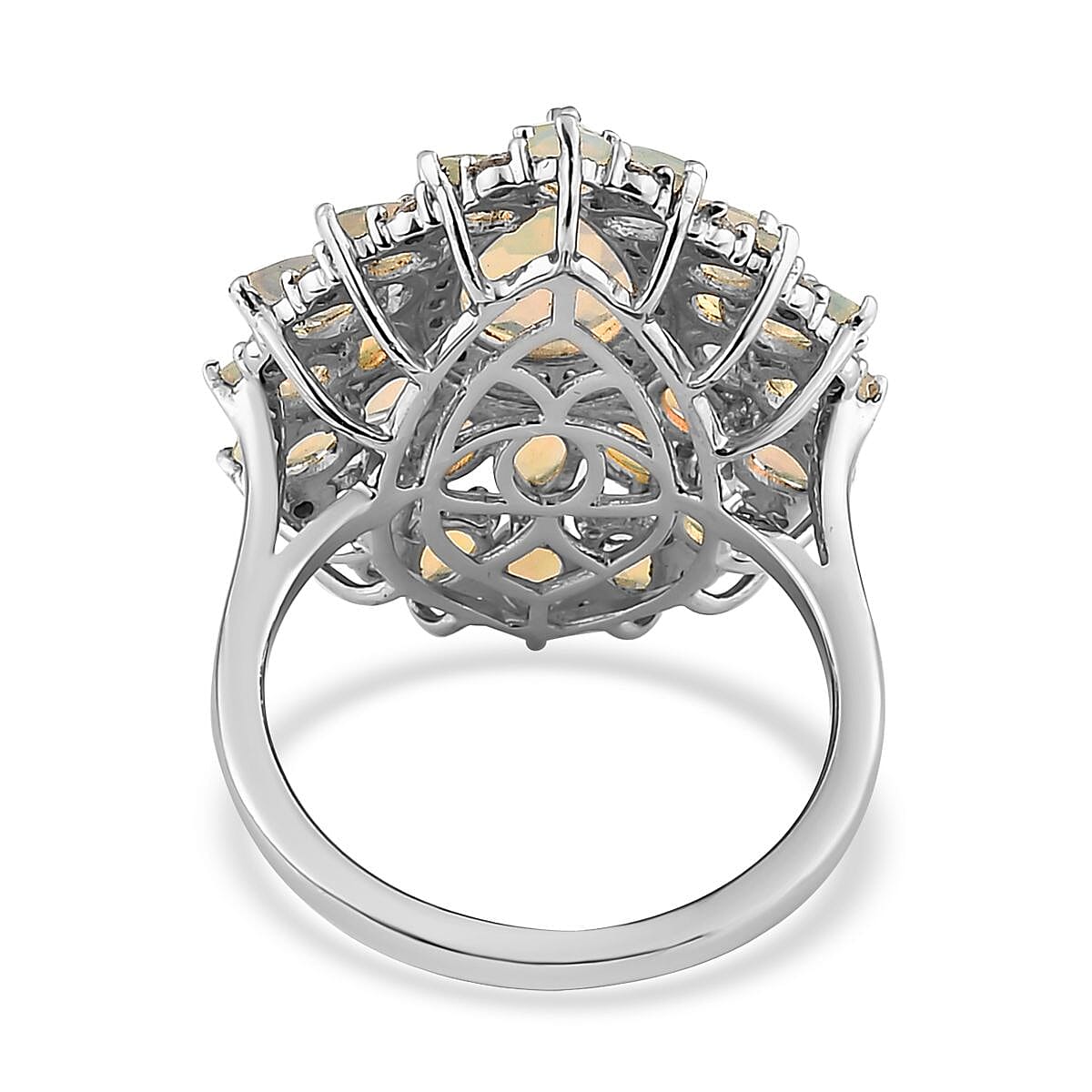 Premium Ethiopian Welo Opal and White Zircon Floral Ring in Platinum Over Sterling Silver (Size 10.0) 4.35 ctw