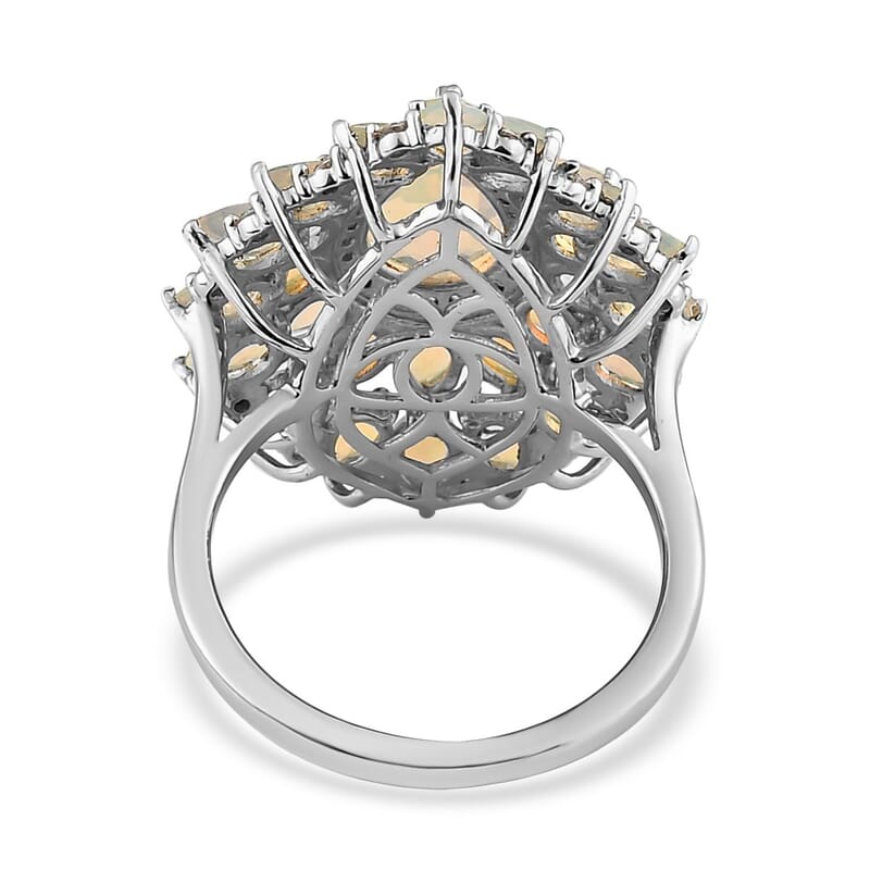 Premium Ethiopian Welo Opal and White Zircon Floral Ring in Platinum Over Sterling Silver (Size 10.0) 4.35 ctw