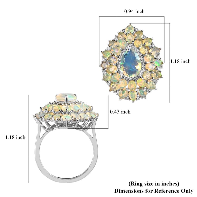 Premium Ethiopian Welo Opal and White Zircon Floral Ring in Platinum Over Sterling Silver (Size 10.0) 4.35 ctw