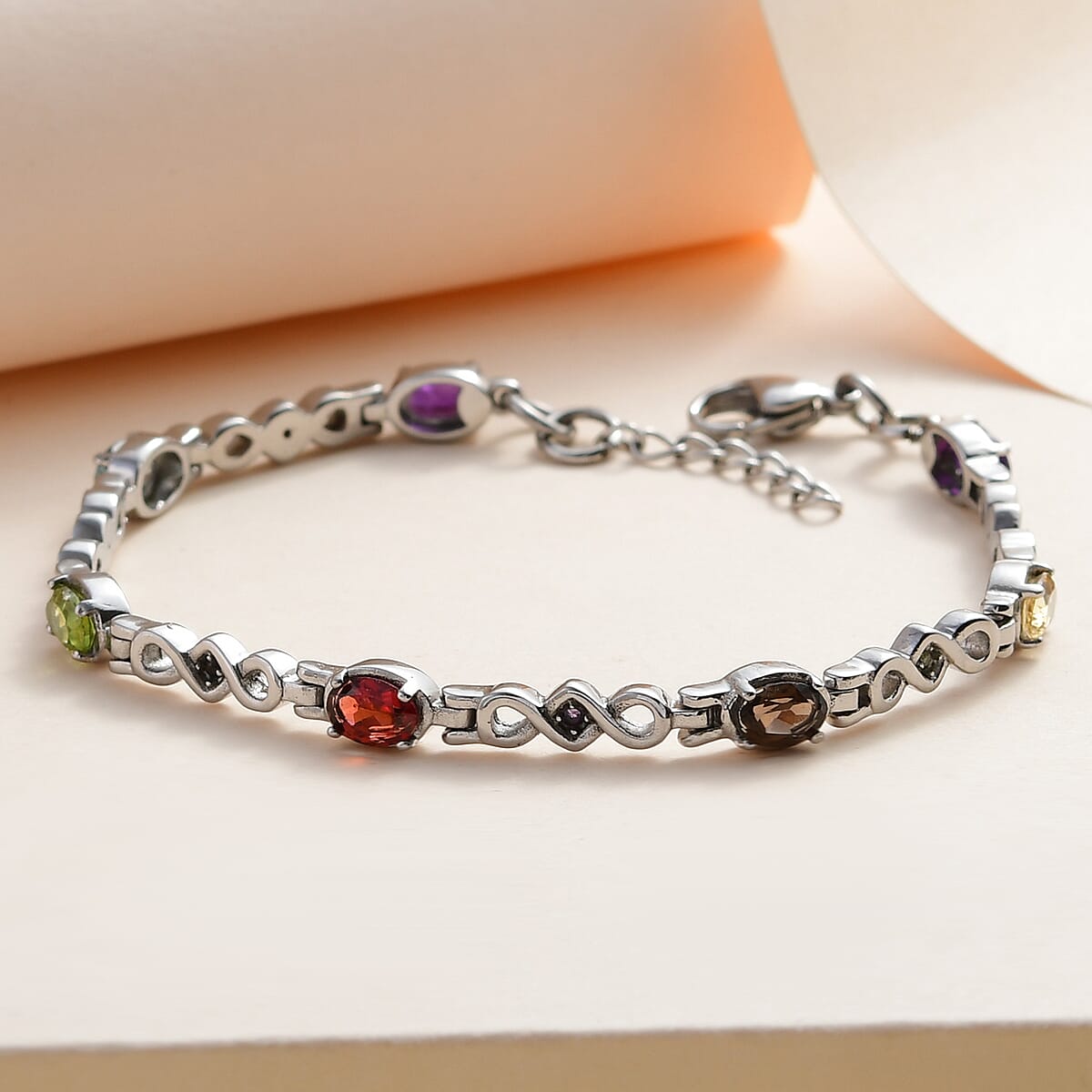 Multi Gemstone Bracelet in Stainless Steel (7.25-8In) 3.30 ctw , Tarnish-Free, Waterproof, Sweat Proof Jewelry image number 1