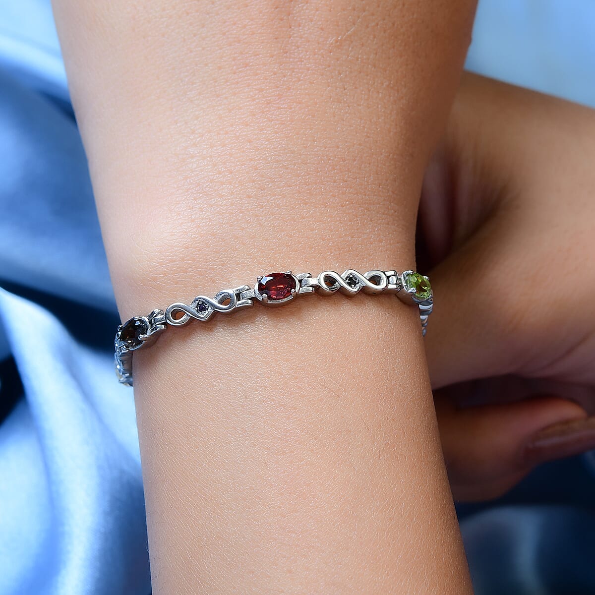 Multi Gemstone Bracelet in Stainless Steel (7.25-8In) 3.30 ctw , Tarnish-Free, Waterproof, Sweat Proof Jewelry image number 2