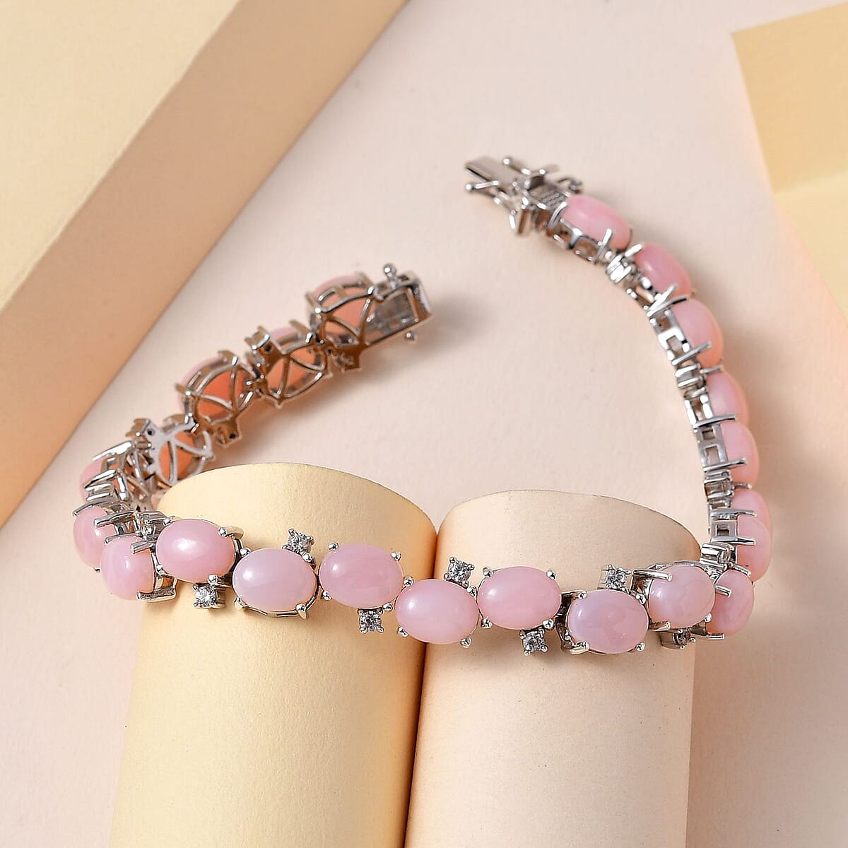  Premium Peruvian Pink Opal and White Zircon Bracelet in Platinum Over Sterling Silver (6.50 In) 24.15 ctw (Del. in 7-10 Days) image number 0 Premium Peruvian Pink Opal and White Zircon Brac image number 1
