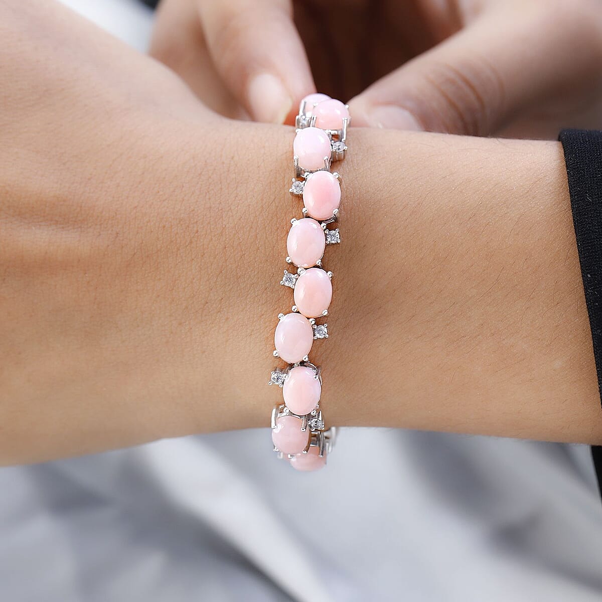  Premium Peruvian Pink Opal and White Zircon Bracelet in Platinum Over Sterling Silver (6.50 In) 24.15 ctw (Del. in 7-10 Days) image number 0 Premium Peruvian Pink Opal and White Zircon Brac image number 2