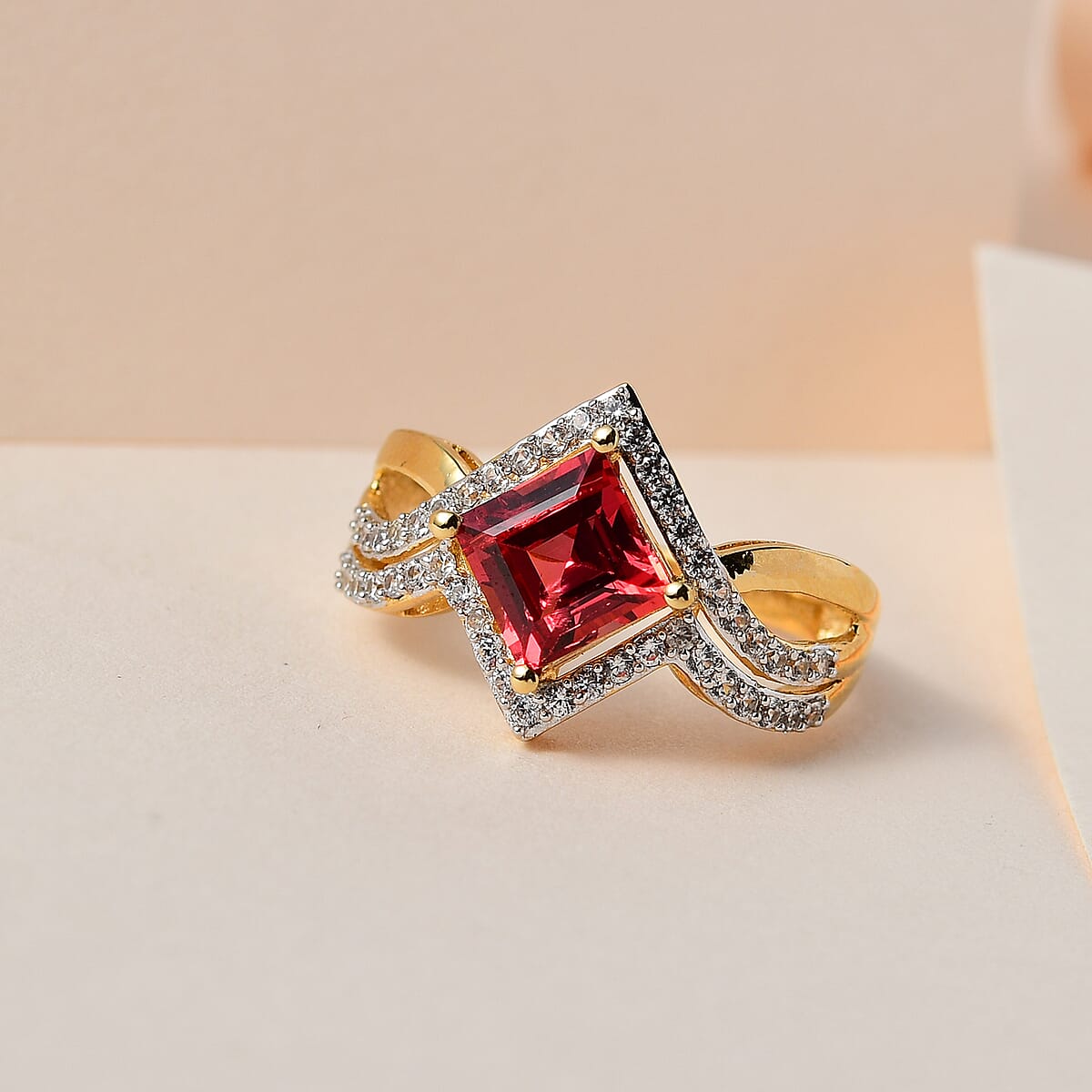 Lab Created Padparadscha Sapphire and White Zircon Ring in Vermeil Yellow Gold Over Sterling Silver (Size 10.0) 3.00 ctw image number 1