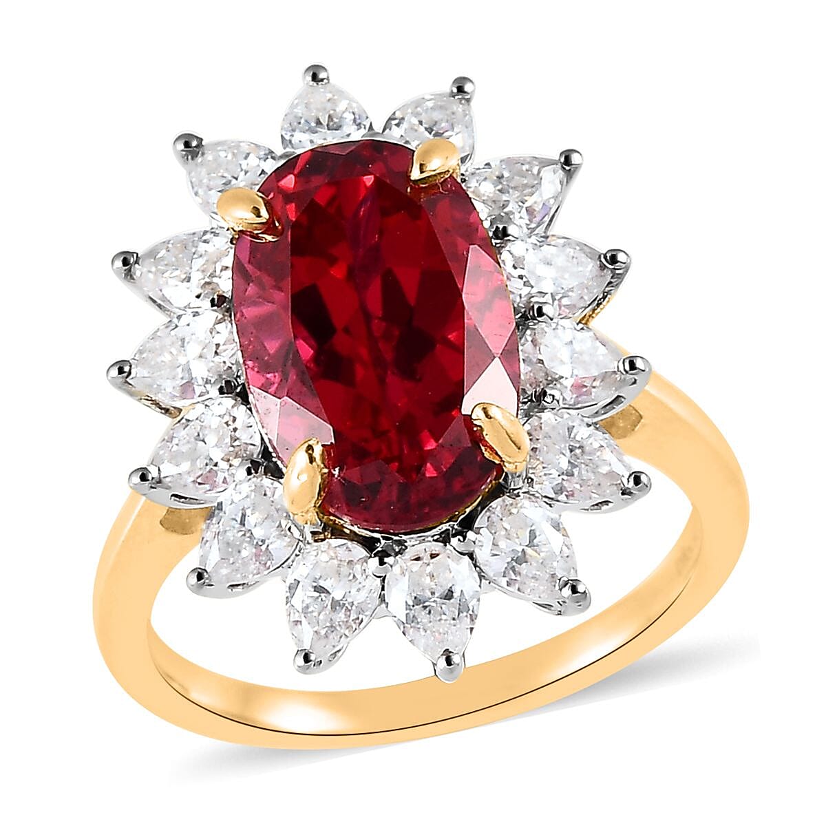 Lab Created Padparadscha Sapphire and Moissanite Sunburst Ring in Vermeil YG and Platinum Over Sterling Silver (Size 9.0) 9.30 ctw image number 0