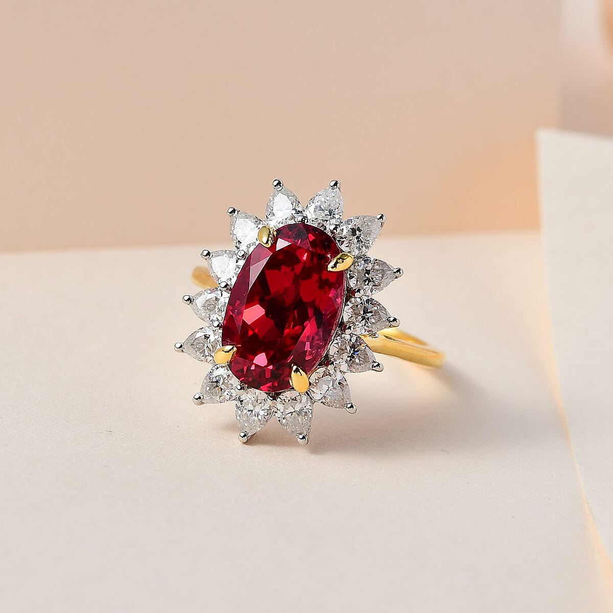 Lab Created Padparadscha Sapphire and Moissanite Sunburst Ring in Vermeil YG and Platinum Over Sterling Silver (Size 9.0) 9.30 ctw image number 1