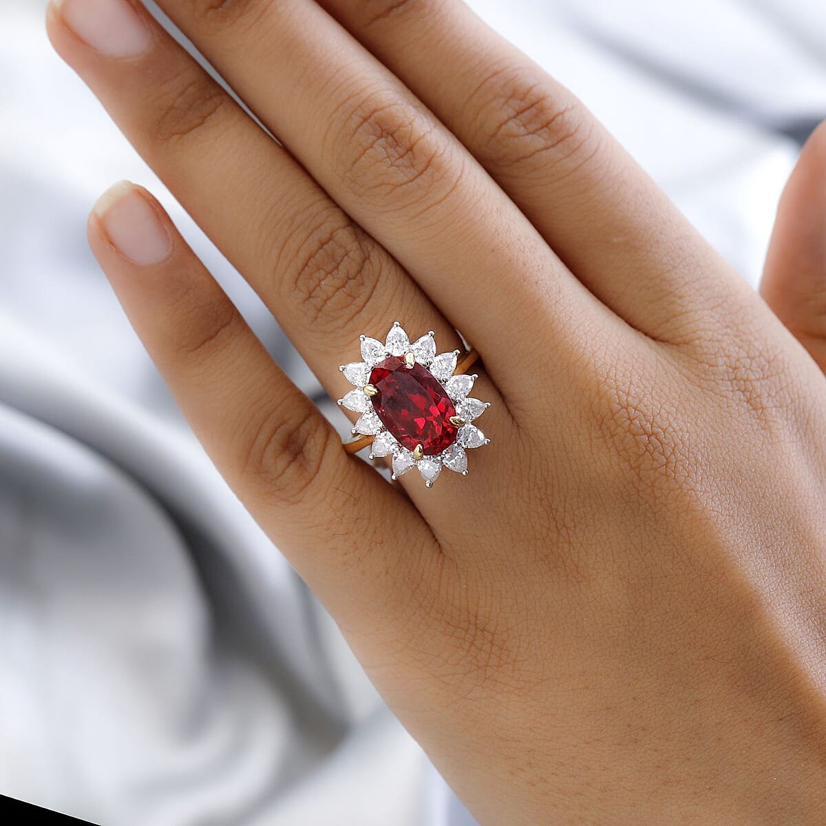 Lab Created Padparadscha Sapphire and Moissanite Sunburst Ring in Vermeil YG and Platinum Over Sterling Silver (Size 9.0) 9.30 ctw image number 2