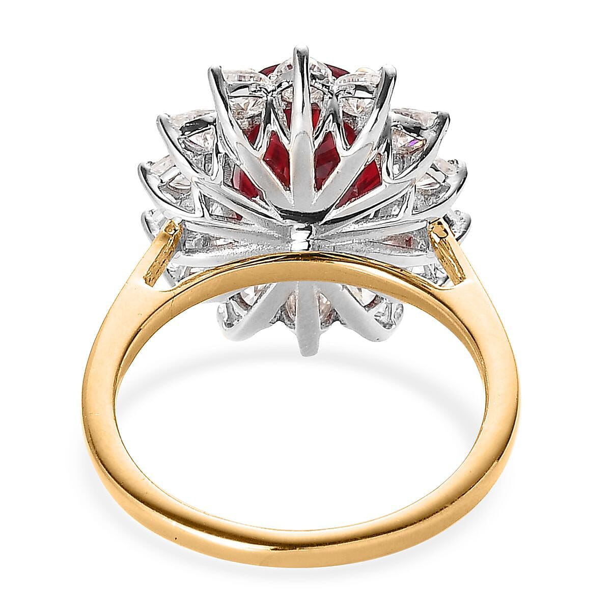 Lab Created Padparadscha Sapphire and Moissanite Sunburst Ring in Vermeil YG and Platinum Over Sterling Silver (Size 9.0) 9.30 ctw image number 4