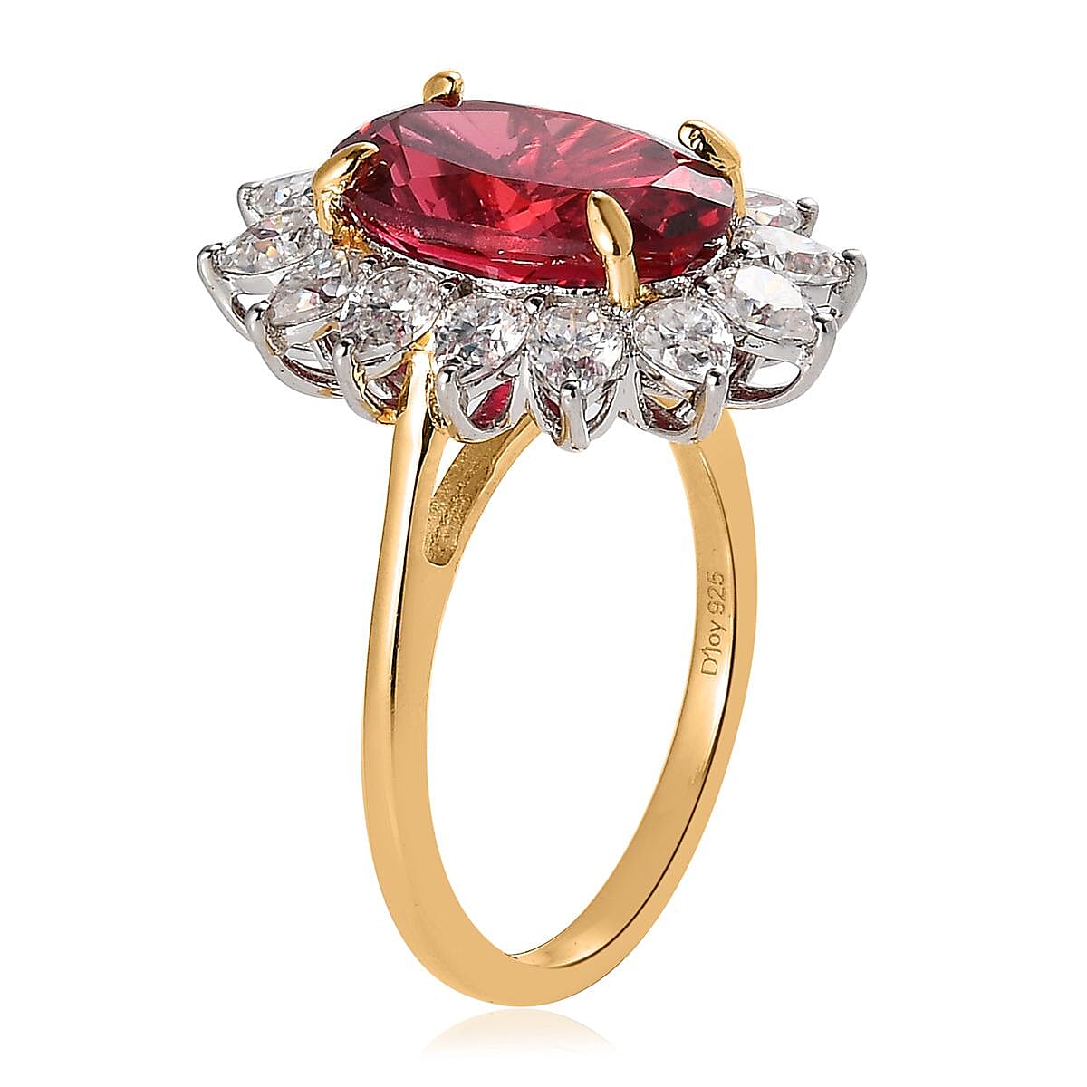 Lab Created Padparadscha Sapphire and Moissanite Sunburst Ring in Vermeil YG and Platinum Over Sterling Silver (Size 8.0) 9.30 ctw image number 3