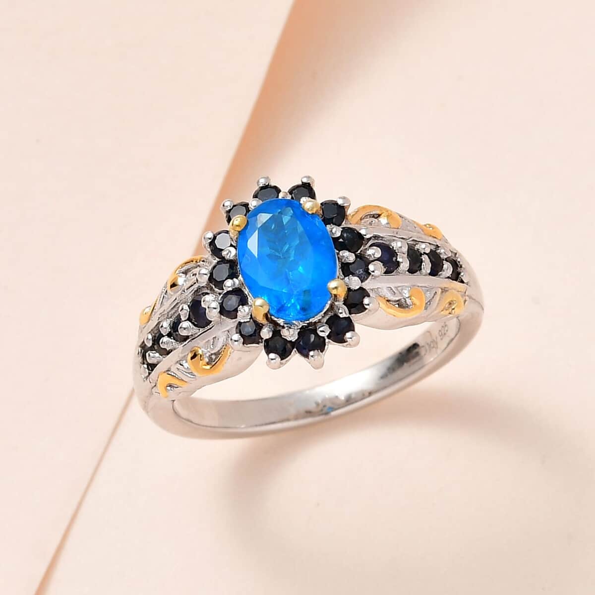 Buy Malgache Neon Apatite and Kanchanaburi Blue Sapphire Sunburst Ring ...