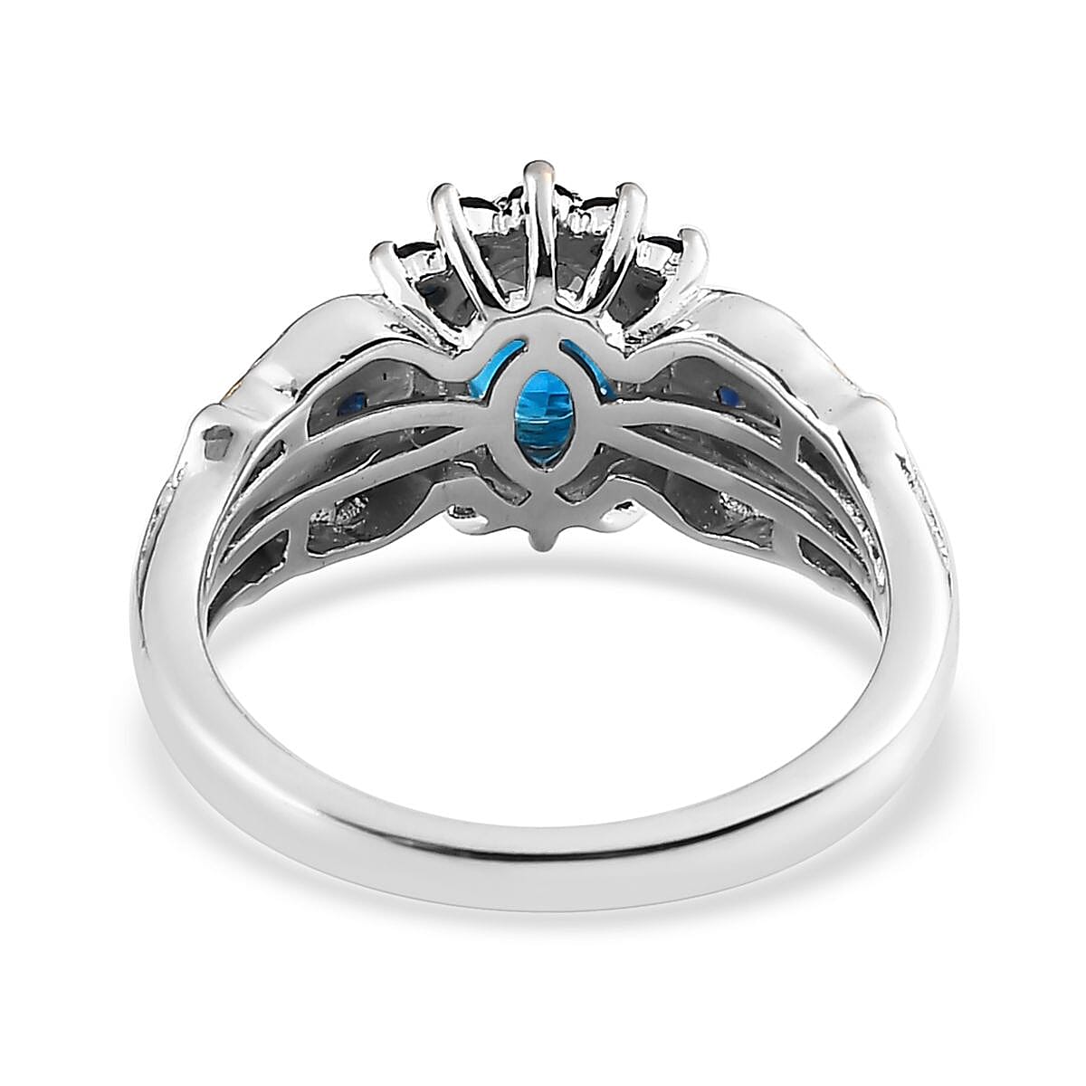 Malgache Neon Apatite and Kanchanaburi Blue Sapphire Sunburst Ring in Vermeil YG and Platinum Over Sterling Silver 1.35 ctw image number 4