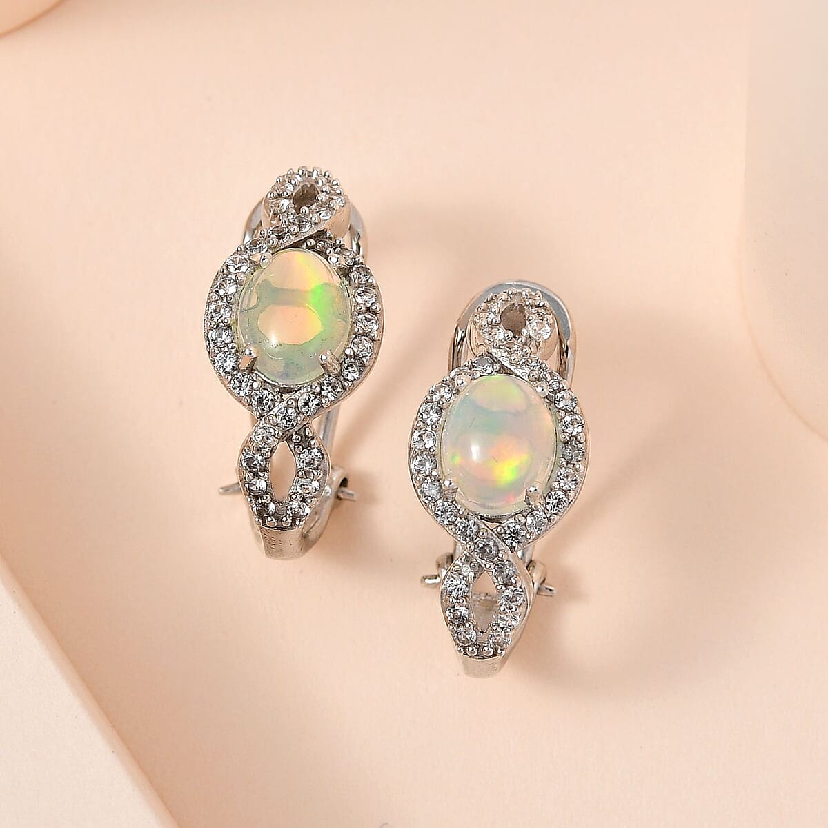 Premium Ethiopian Welo Opal and White Zircon Omega Clip Earrings in Platinum Over Sterling Silver 3.60 ctw image number 1
