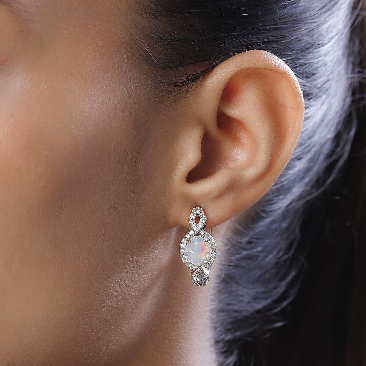 Premium Ethiopian Welo Opal and White Zircon Omega Clip Earrings in Platinum Over Sterling Silver 3.60 ctw image number 2