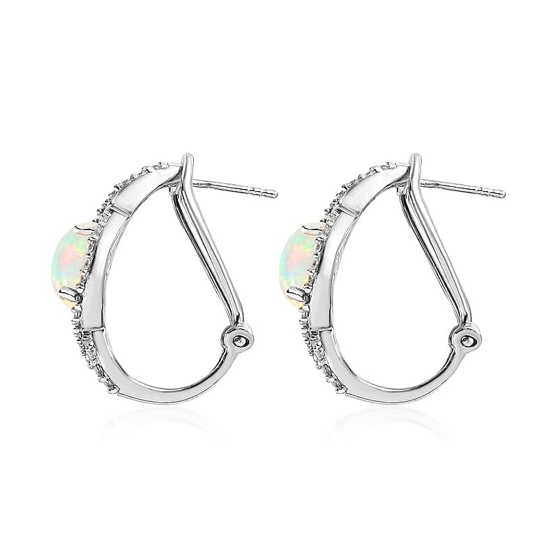 Premium Ethiopian Welo Opal and White Zircon Omega Clip Earrings in Platinum Over Sterling Silver 3.60 ctw